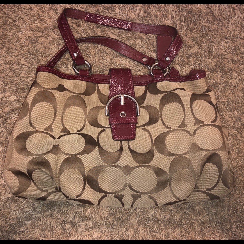 Coach purse tan canvas and burgundy leather